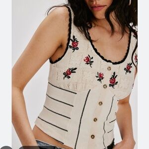 Free People Cream Knit Corset Tank with Red Rose Embroidery and Black Trim